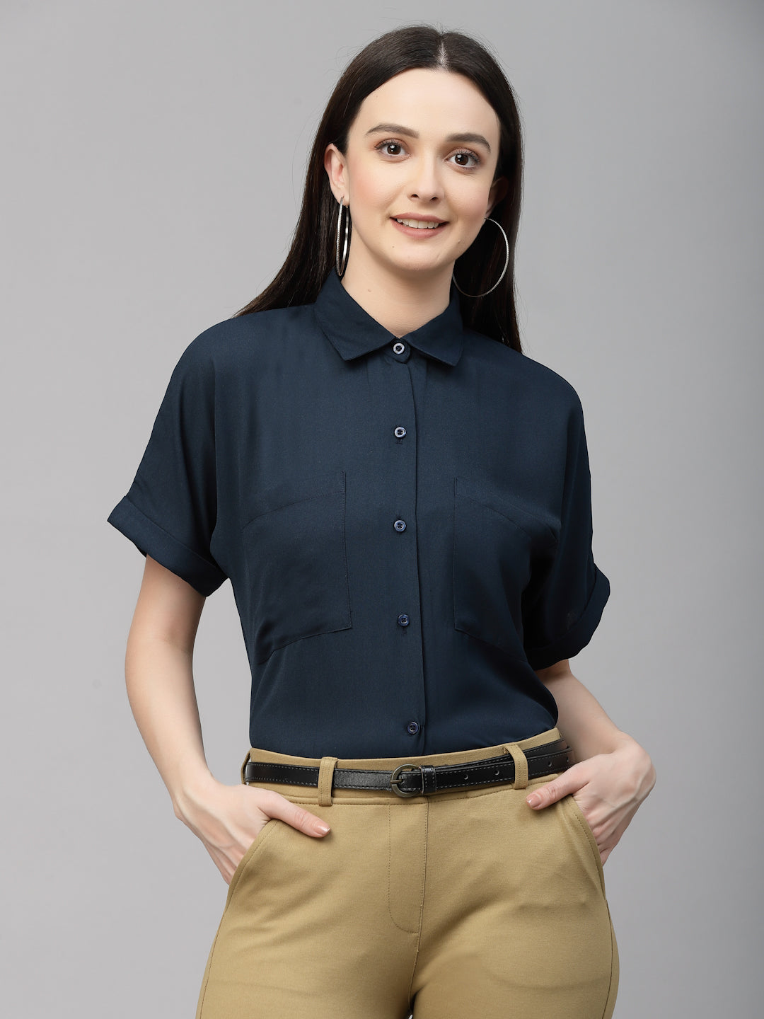 Style Quotient Women Navy Solid Smart Casual Shirt-Shirts-StyleQuotient