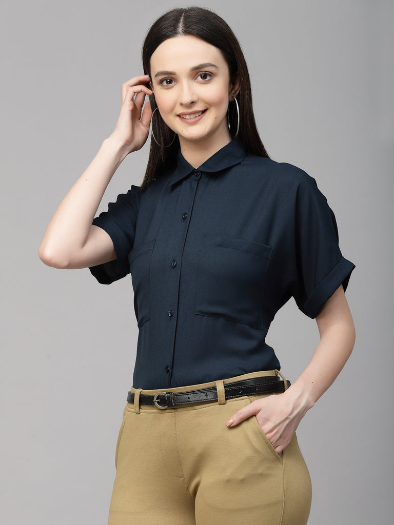 Style Quotient Women Navy Solid Smart Casual Shirt-Shirts-StyleQuotient