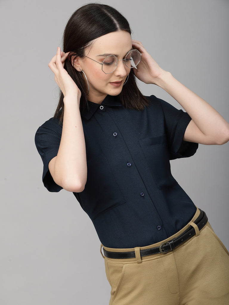 Style Quotient Women Navy Solid Smart Casual Shirt-Shirts-StyleQuotient
