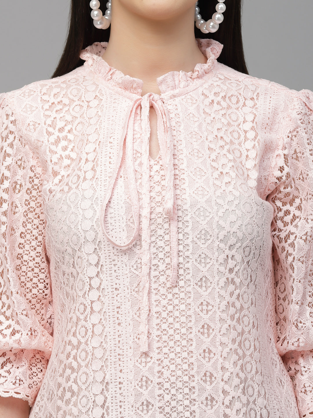 Style Quotient Women Peach Self Design Lace Regular Smart Casual Top-Tops-StyleQuotient