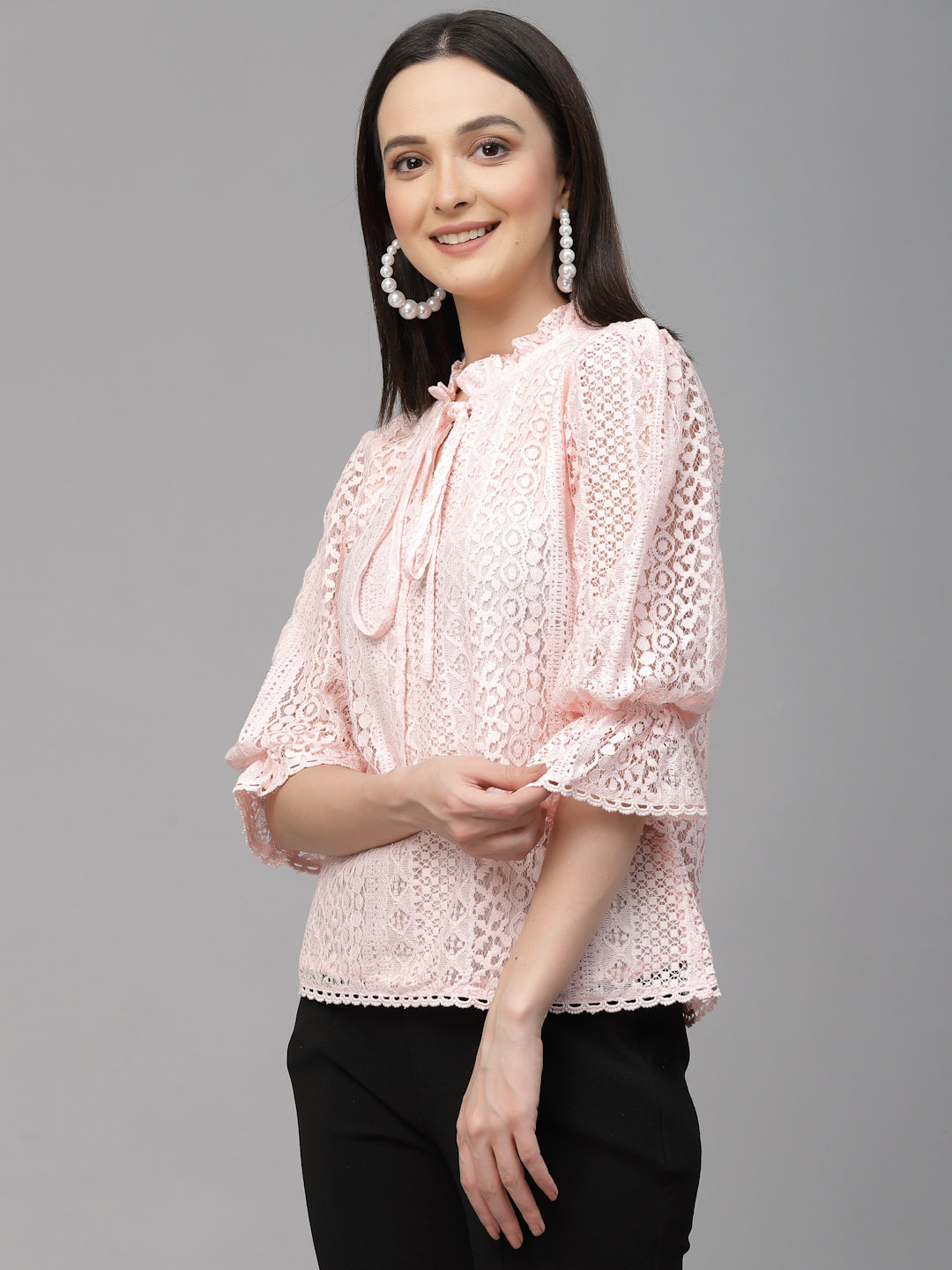 Style Quotient Women Peach Self Design Lace Regular Smart Casual Top-Tops-StyleQuotient