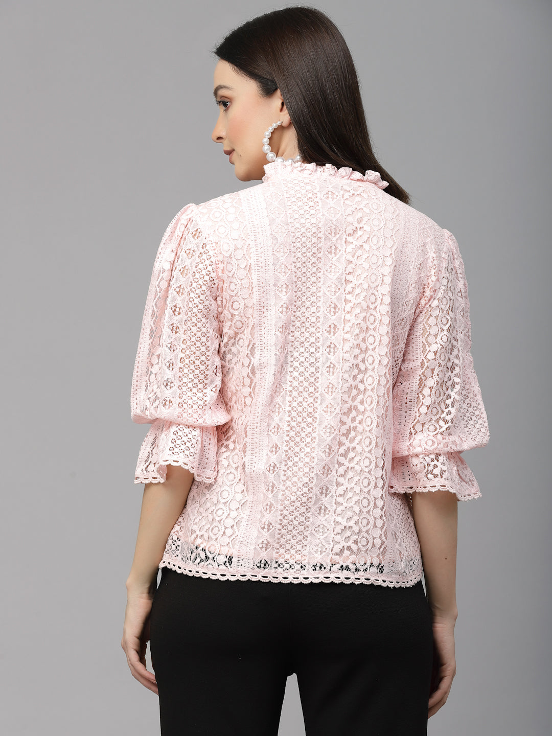 Style Quotient Women Peach Self Design Lace Regular Smart Casual Top-Tops-StyleQuotient