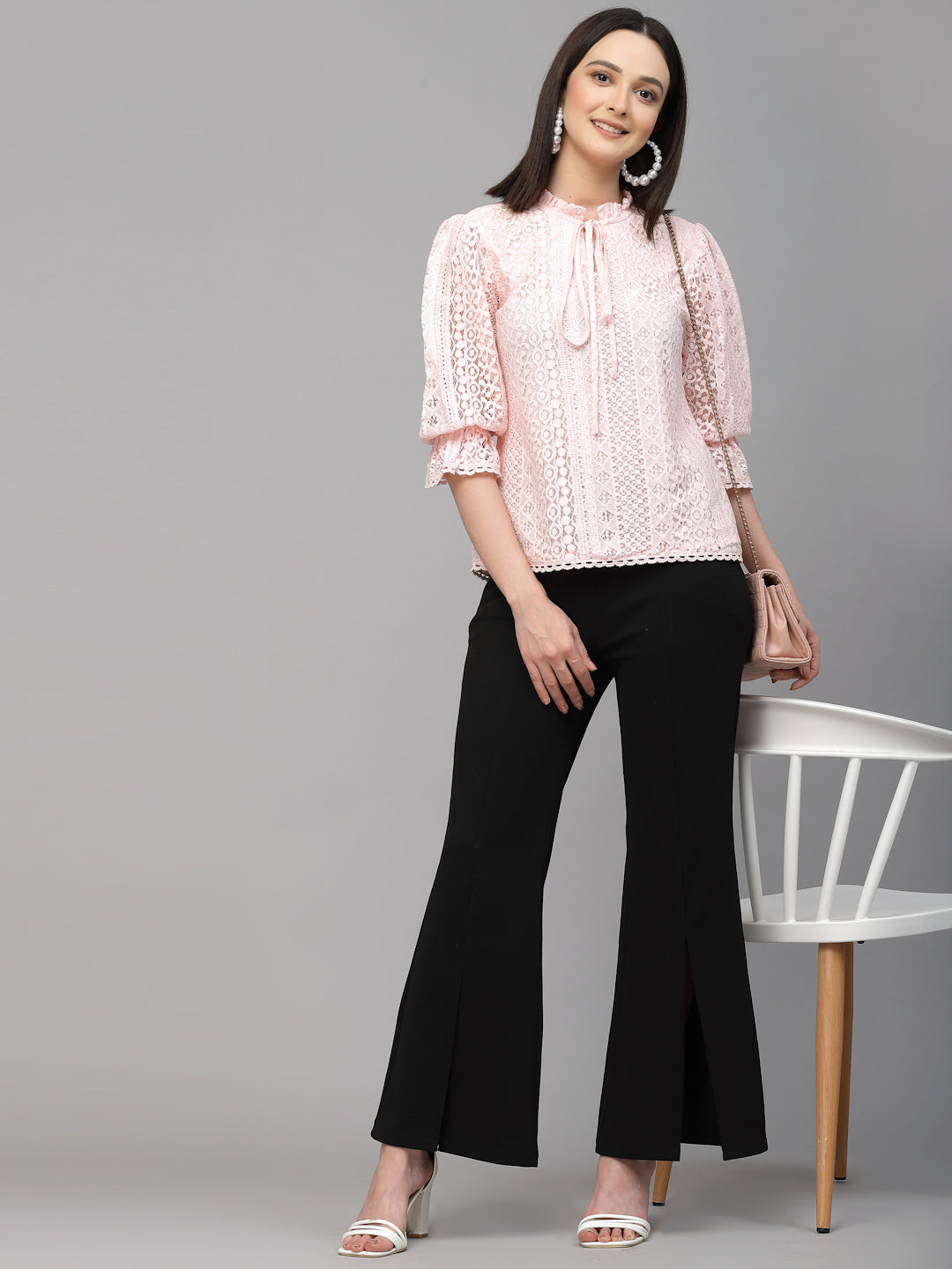 Style Quotient Women Peach Self Design Lace Regular Smart Casual Top-Tops-StyleQuotient