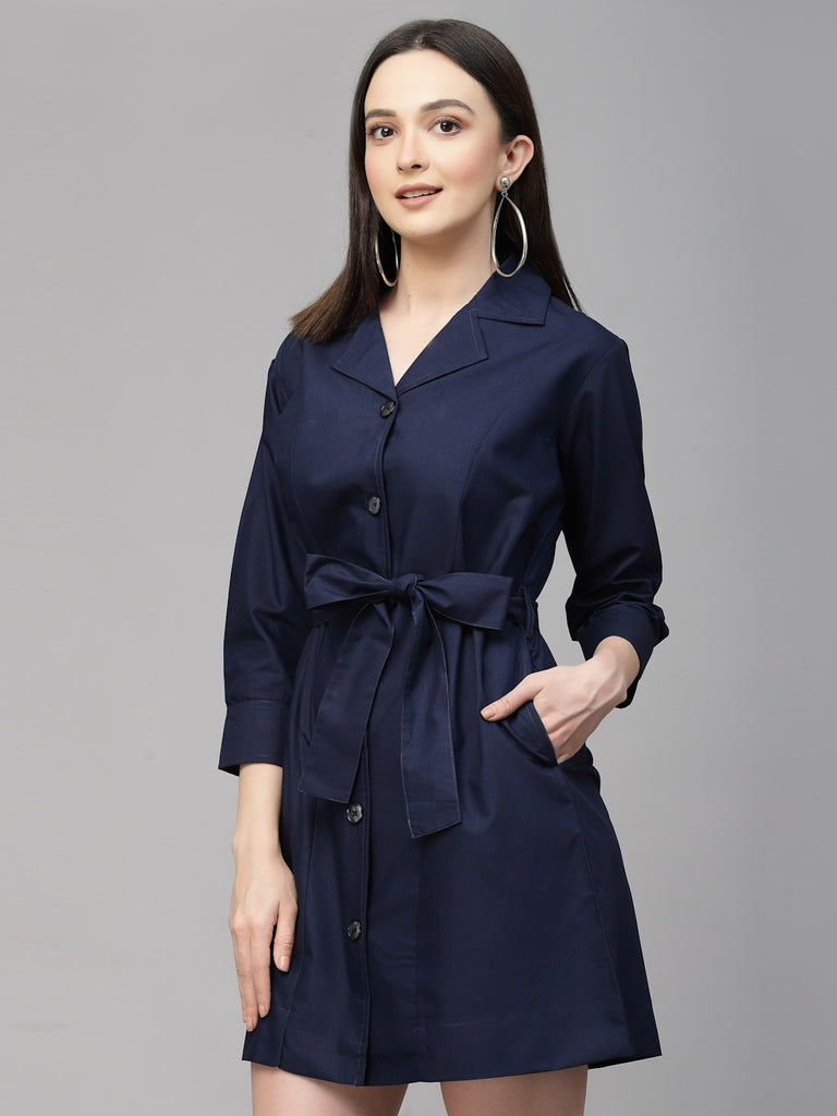 Style Quotient Women Solid Navy Cotton Regular Smart Casual Shirt Dress-Dressers-StyleQuotient