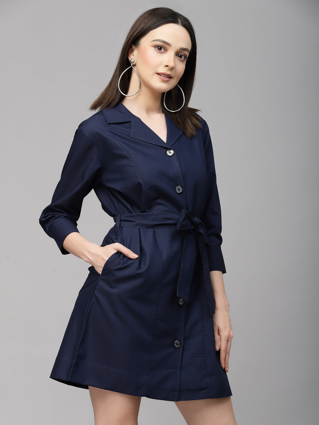 Style Quotient Women Solid Navy Cotton Regular Smart Casual Shirt Dress-Dressers-StyleQuotient