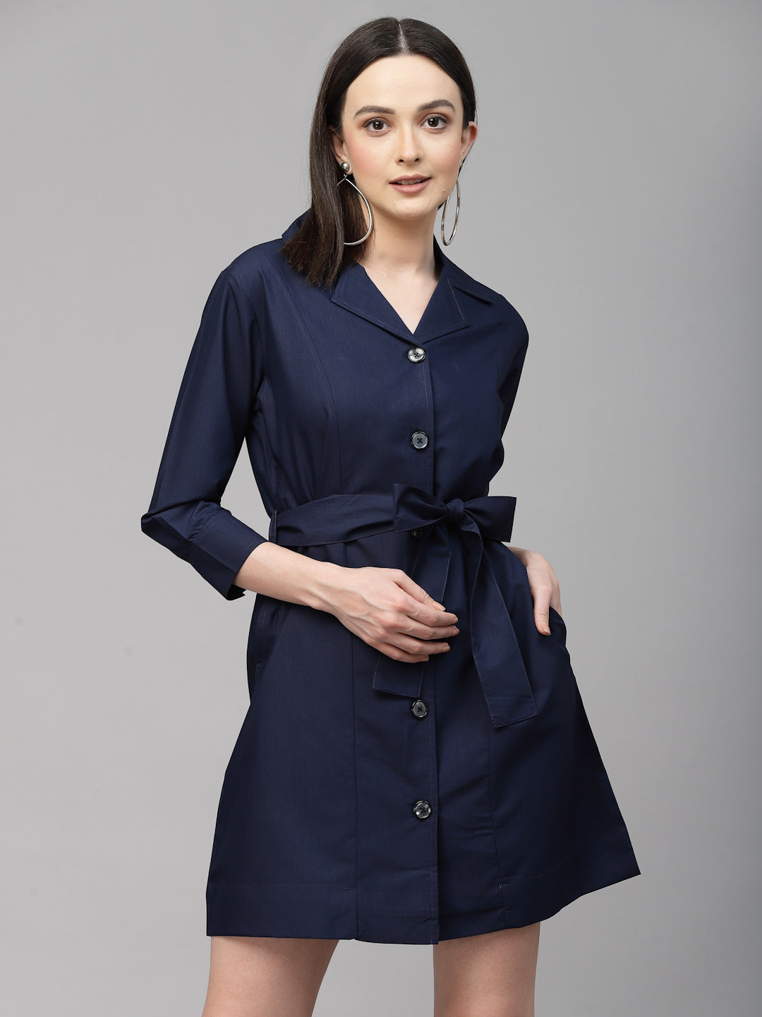 Style Quotient Women Solid Navy Cotton Regular Smart Casual Shirt Dress-Dressers-StyleQuotient