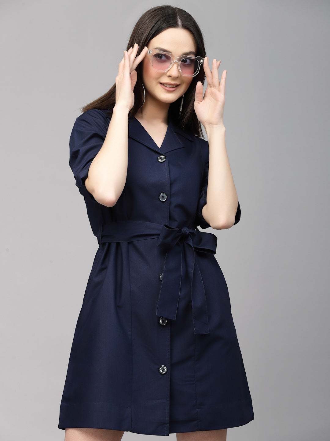 Style Quotient Women Solid Navy Cotton Regular Smart Casual Shirt Dress-Dressers-StyleQuotient