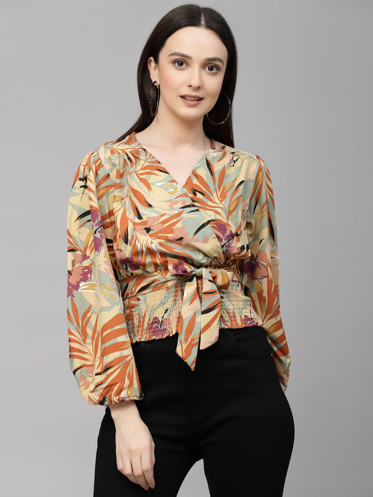 Style Quotient Women Rust and Multi Polyester Tropical Printed Regular Smart Casual Top-Shirts-StyleQuotient