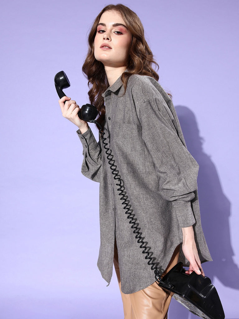 Style Quotient Women Solid Grey Chambrey Smart Casual Oversized Shirt-Shirts-StyleQuotient