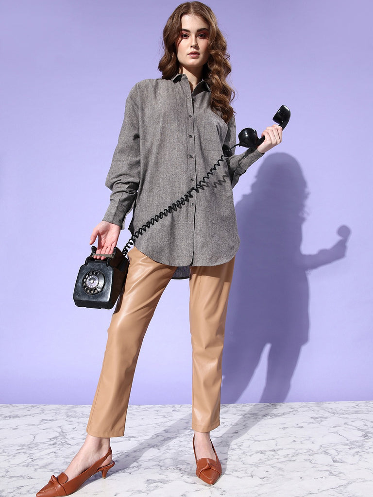 Style Quotient Women Solid Grey Chambrey Smart Casual Oversized Shirt-Shirts-StyleQuotient