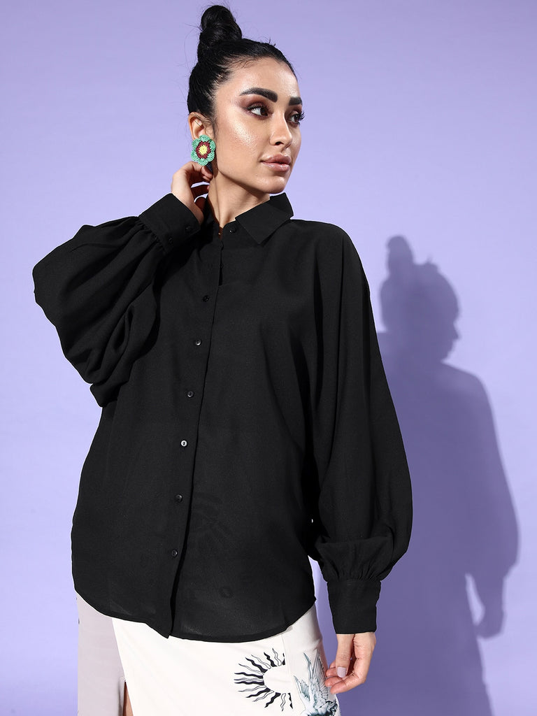 Style Quotient Women Solid Black Polyester Smart Casual Oversized Shirt-Shirts-StyleQuotient