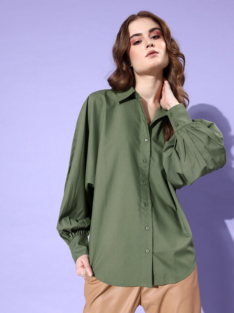 Style Quotient Women Solid Olive Polycotton Smart Casual Oversized Shirt-Shirts-StyleQuotient