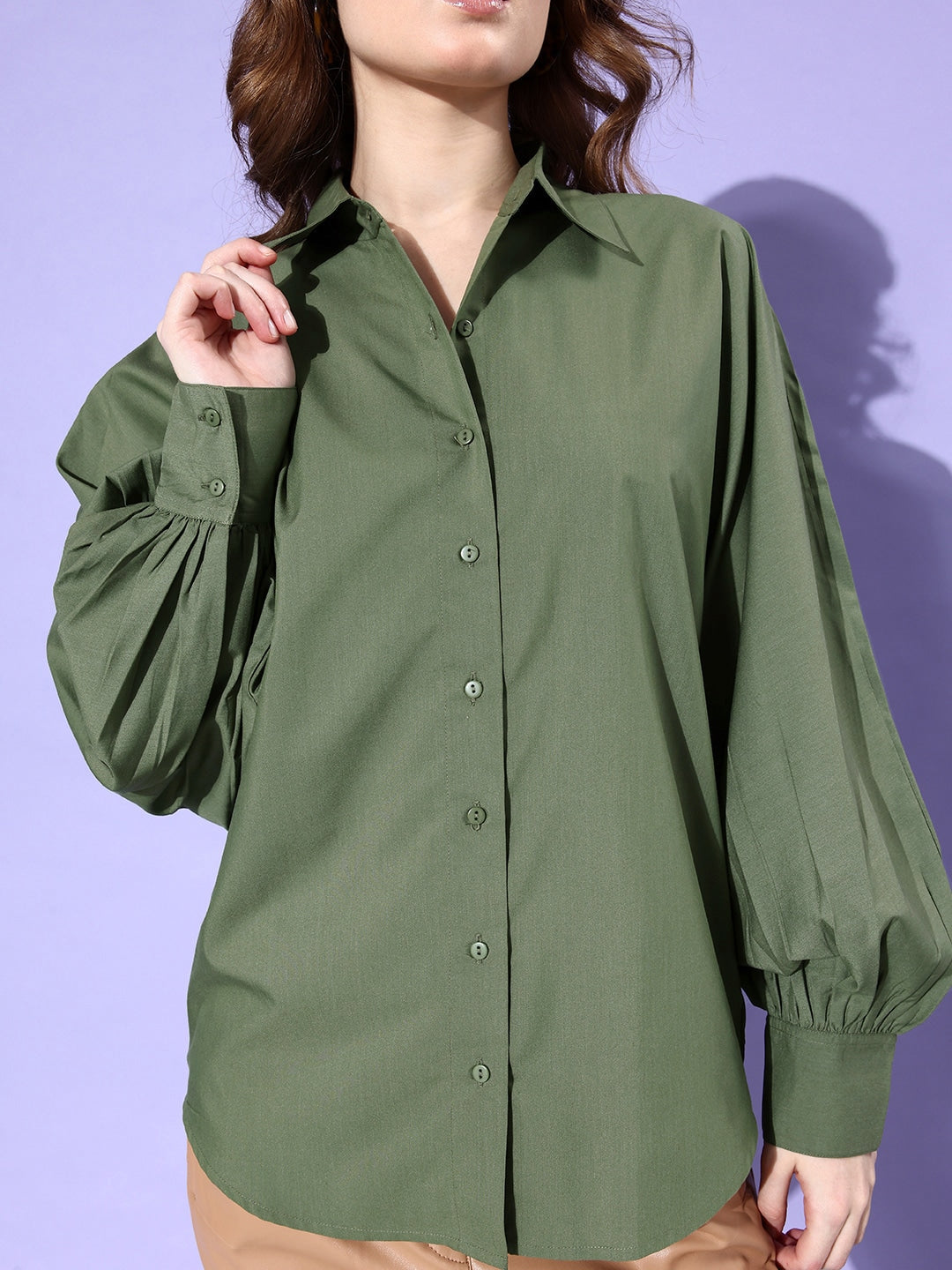 Style Quotient Women Solid Olive Polycotton Smart Casual Oversized Shirt-Shirts-StyleQuotient