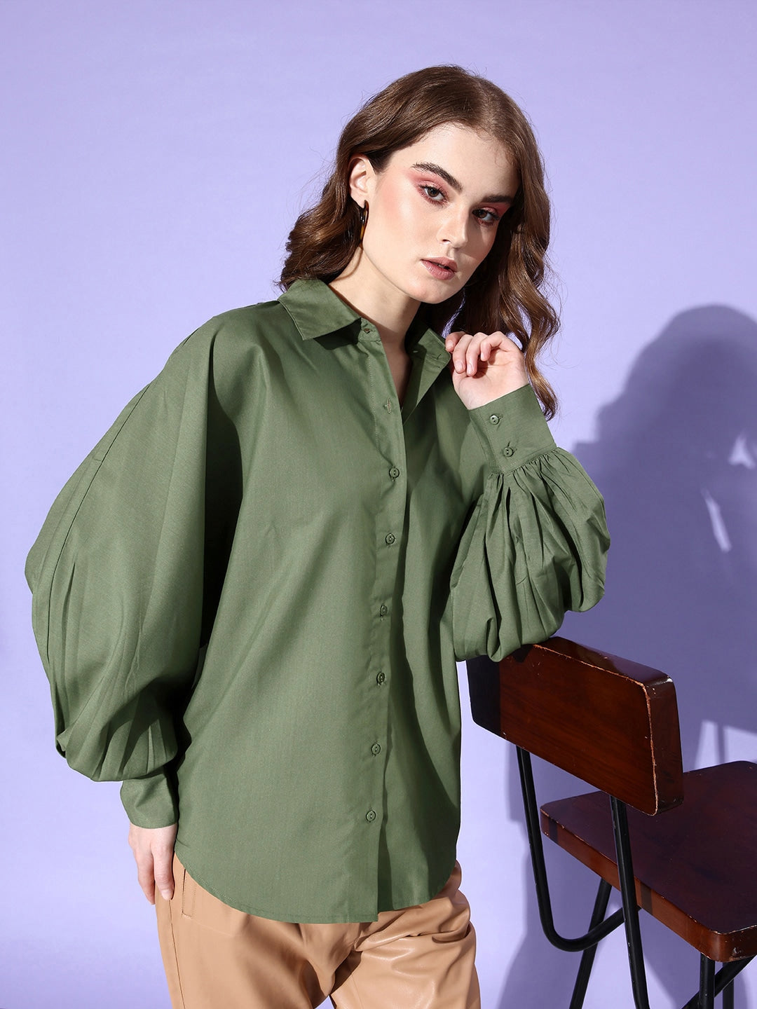 Style Quotient Women Solid Olive Polycotton Smart Casual Oversized Shirt-Shirts-StyleQuotient