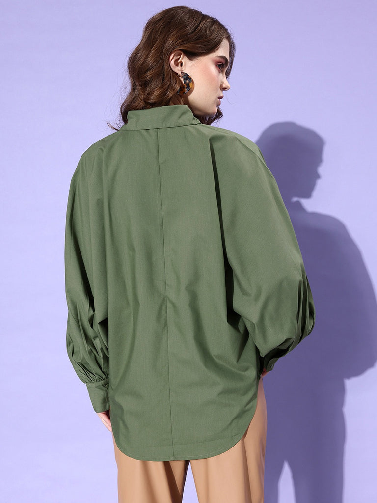 Style Quotient Women Solid Olive Polycotton Smart Casual Oversized Shirt-Shirts-StyleQuotient