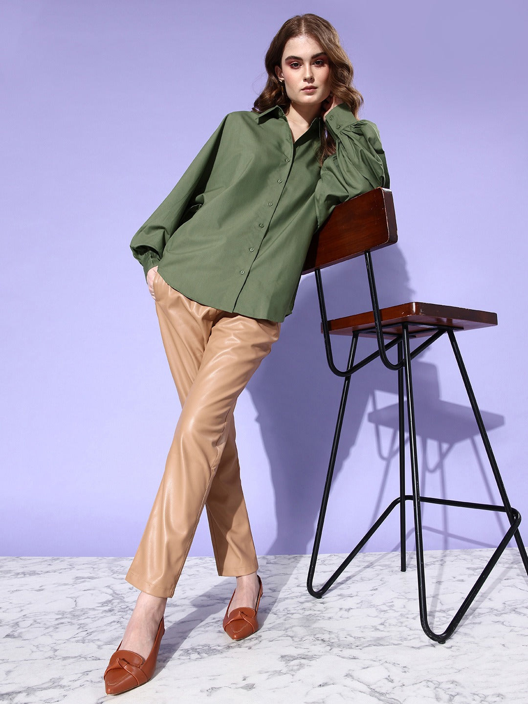 Style Quotient Women Solid Olive Polycotton Smart Casual Oversized Shirt-Shirts-StyleQuotient