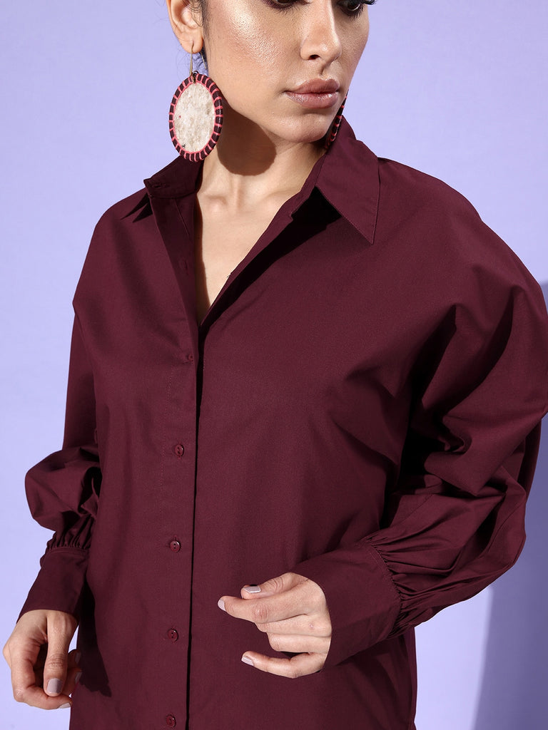 Style Quotient Women Solid Maroon Polycotton Smart Casual Oversized Shirt-Shirts-StyleQuotient