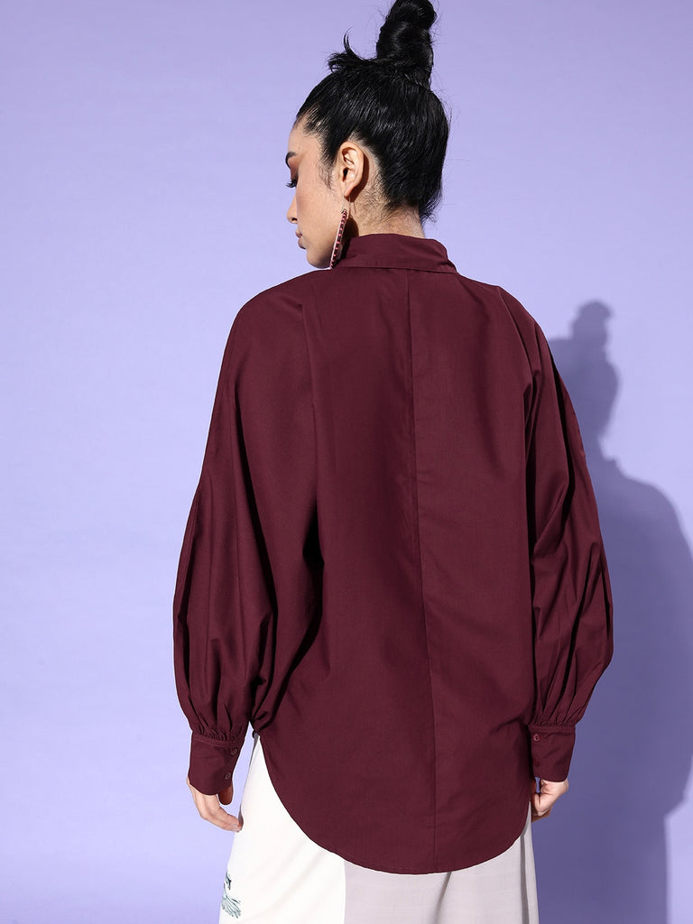 Style Quotient Women Solid Maroon Polycotton Smart Casual Oversized Shirt-Shirts-StyleQuotient