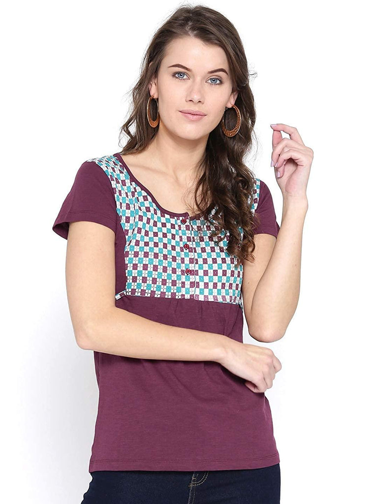 Style Quotient Women Burgundy Round Neck Geometric Fashion Tops-Tops-StyleQuotient