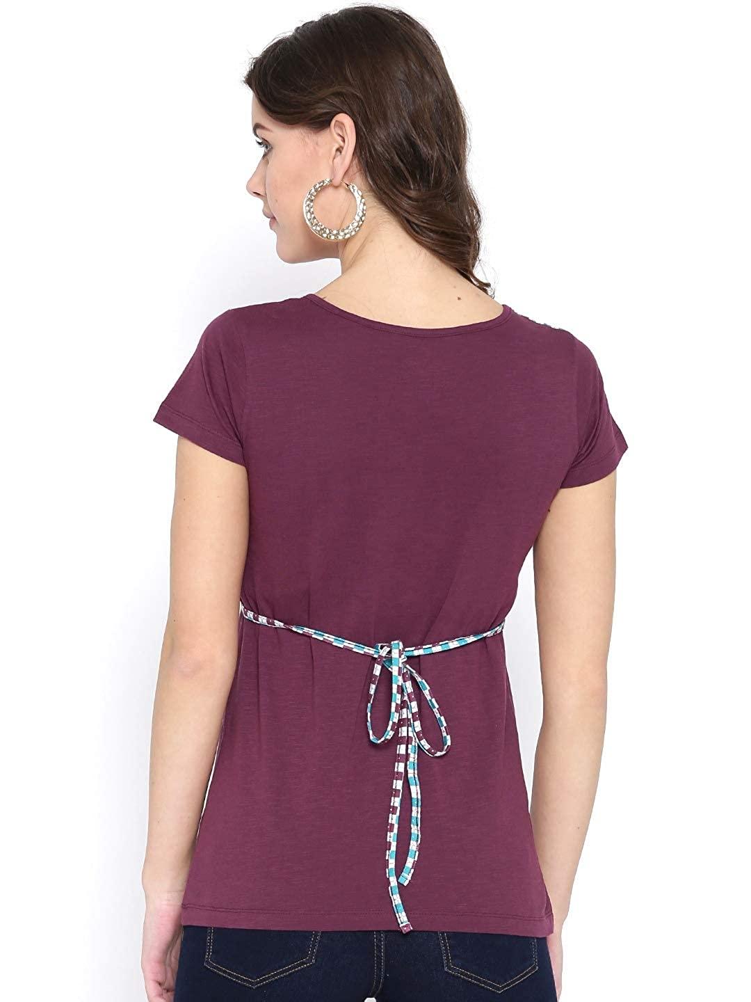 Style Quotient Women Burgundy Round Neck Geometric Fashion Tops-Tops-StyleQuotient