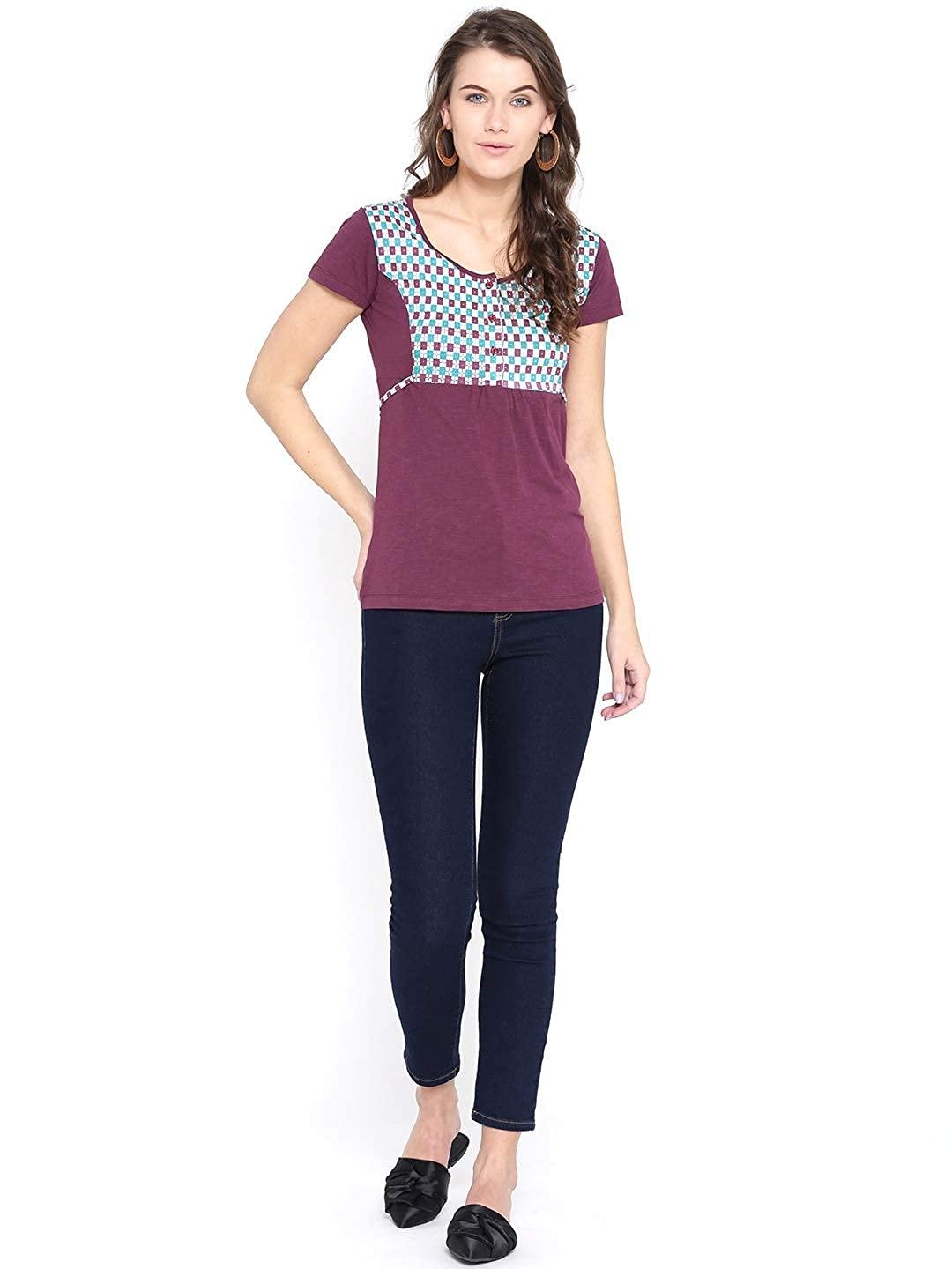 Style Quotient Women Burgundy Round Neck Geometric Fashion Tops-Tops-StyleQuotient