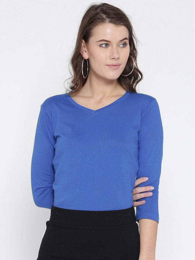 Women Blue Solid V-Neck T-shirt-Tshirt-StyleQuotient
