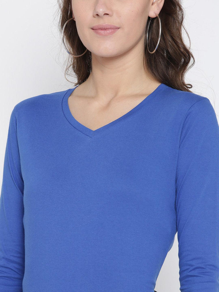 Women Blue Solid V-Neck T-shirt-Tshirt-StyleQuotient