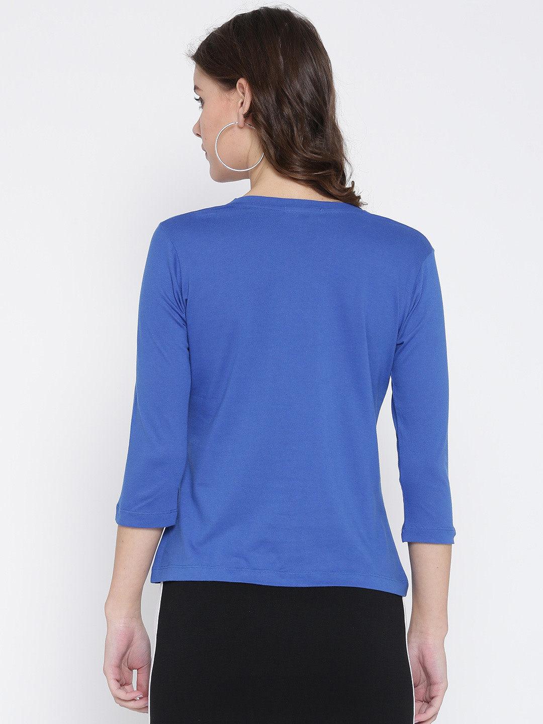 Women Blue Solid V-Neck T-shirt-Tshirt-StyleQuotient