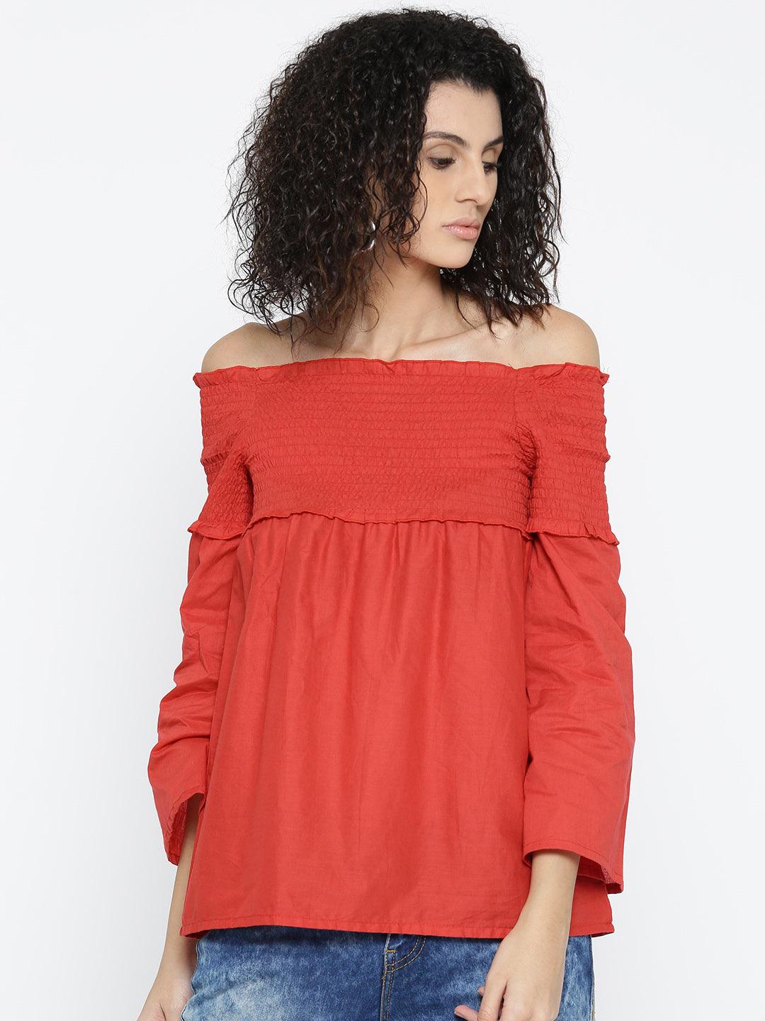 Women Red Solid Bardot Top-Tops-StyleQuotient