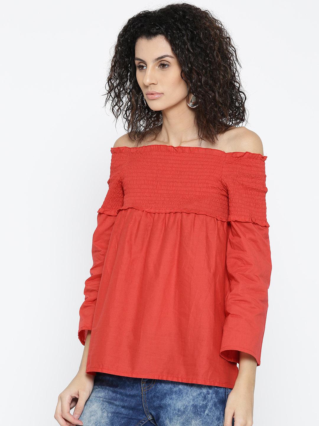 Women Red Solid Bardot Top-Tops-StyleQuotient