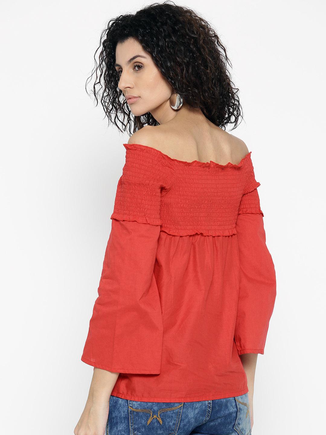 Women Red Solid Bardot Top-Tops-StyleQuotient