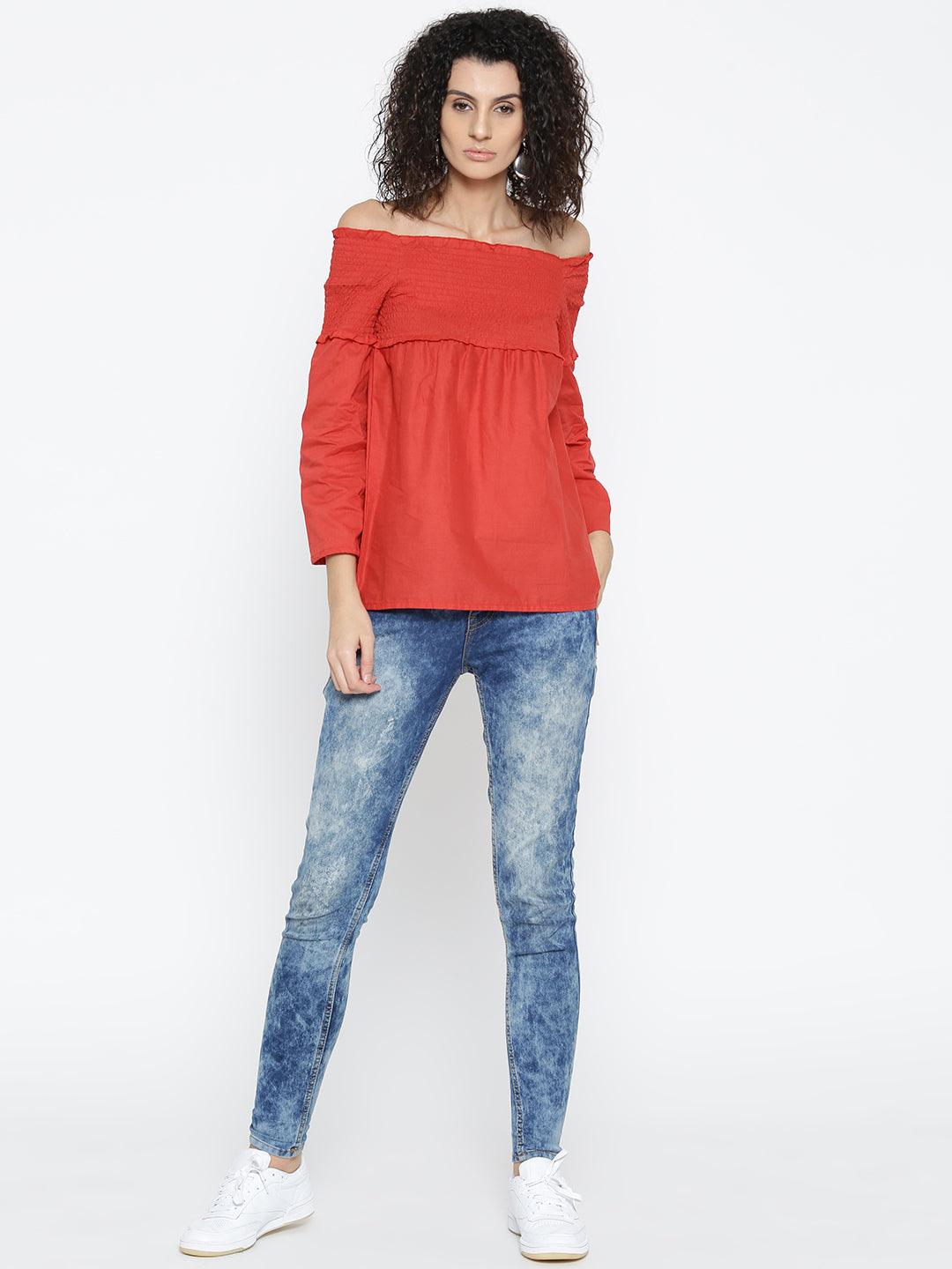 Women Red Solid Bardot Top-Tops-StyleQuotient