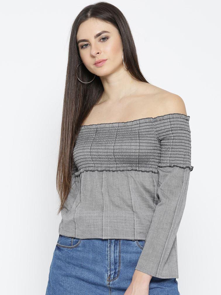 Women Grey Striped Detail Bardot Top-Tops-StyleQuotient