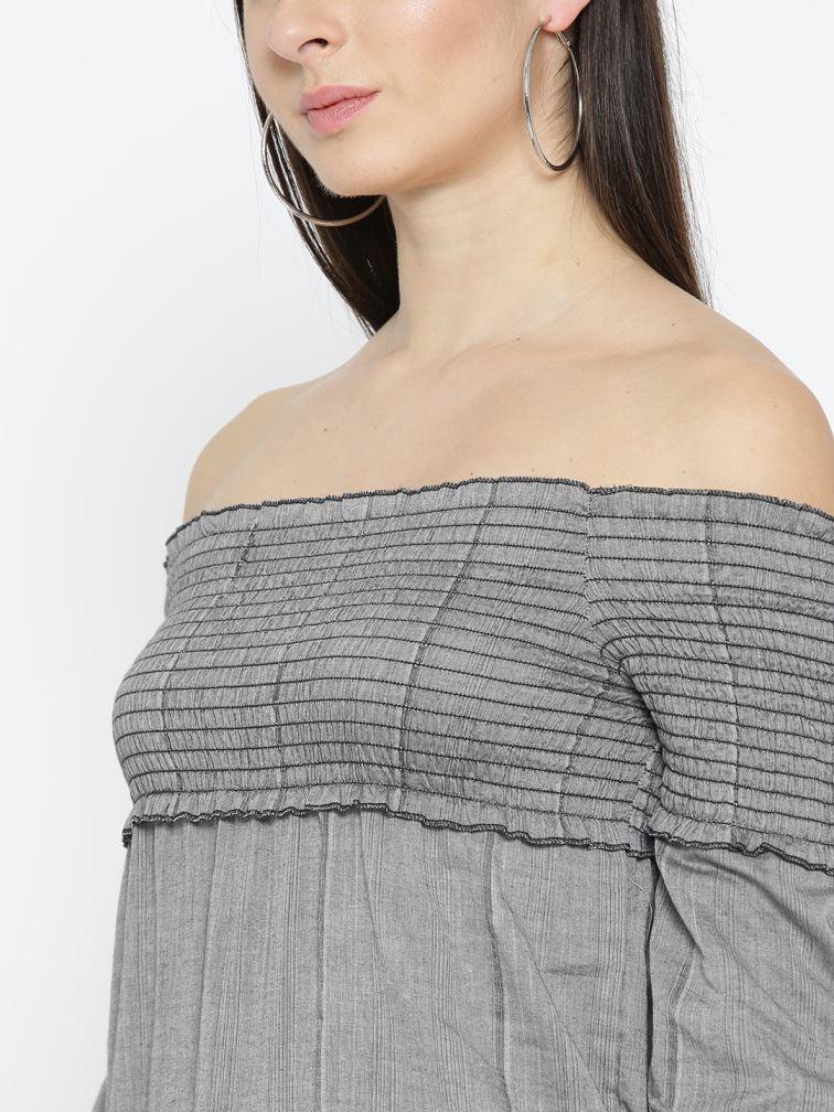 Women Grey Striped Detail Bardot Top-Tops-StyleQuotient