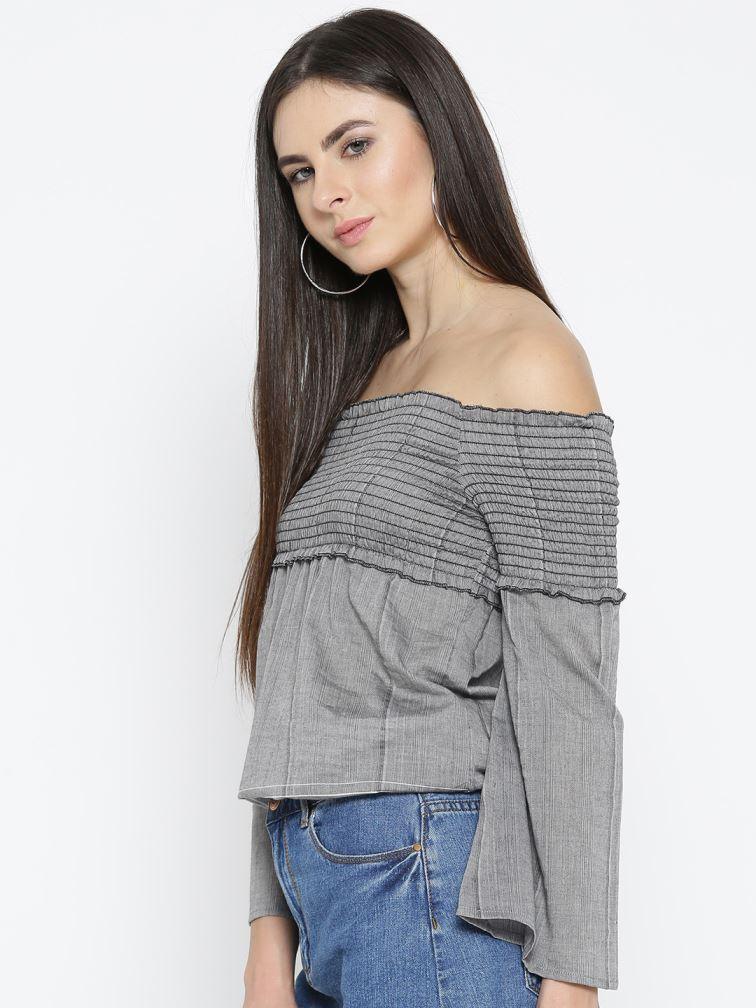 Women Grey Striped Detail Bardot Top-Tops-StyleQuotient