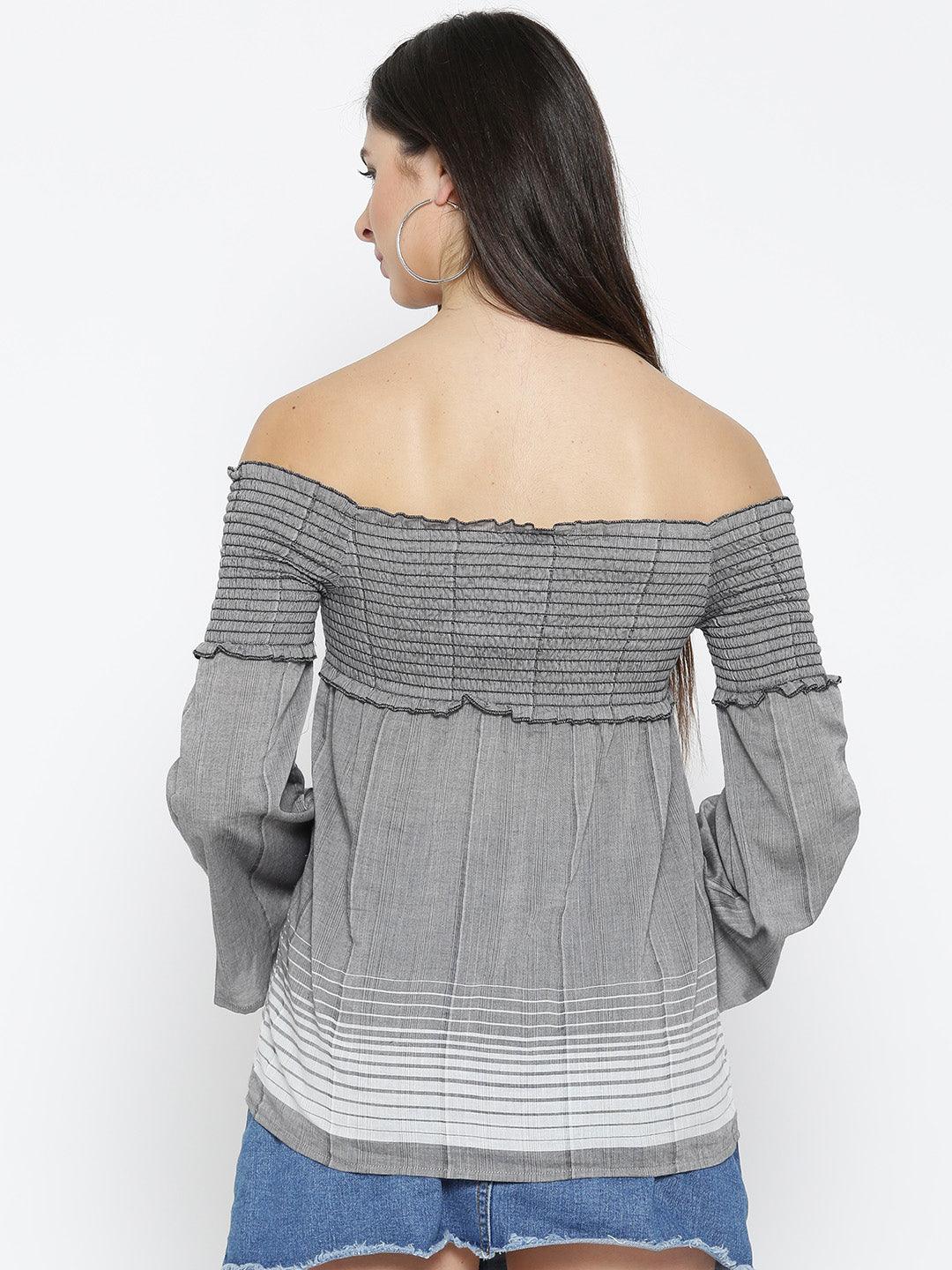 Women Grey Striped Detail Bardot Top-Tops-StyleQuotient