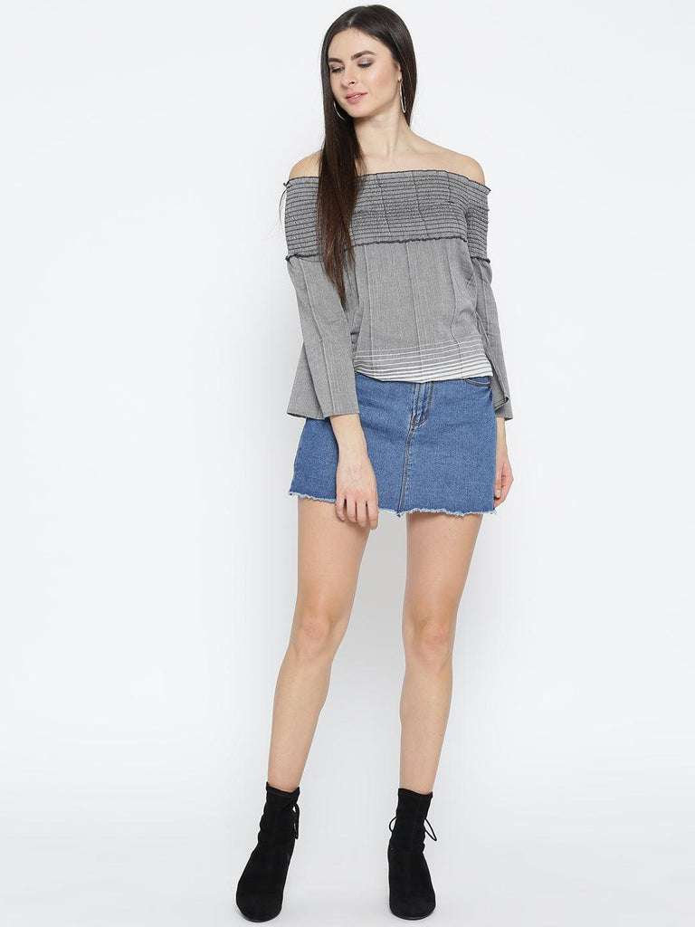 Women Grey Striped Detail Bardot Top-Tops-StyleQuotient