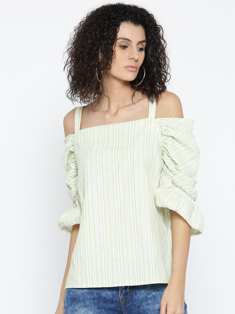 Women Green Striped Bardot Top-Tops-StyleQuotient