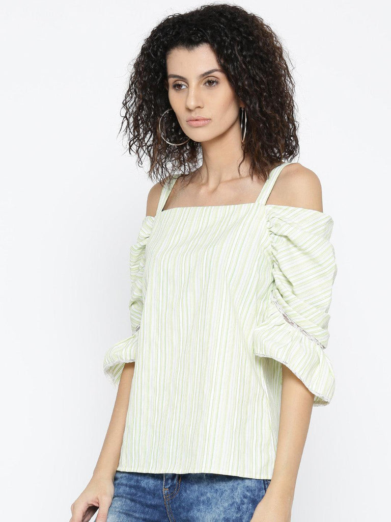 Women Green Striped Bardot Top-Tops-StyleQuotient