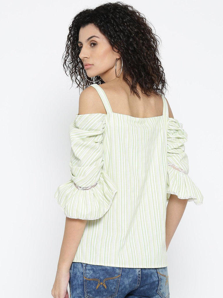 Women Green Striped Bardot Top-Tops-StyleQuotient