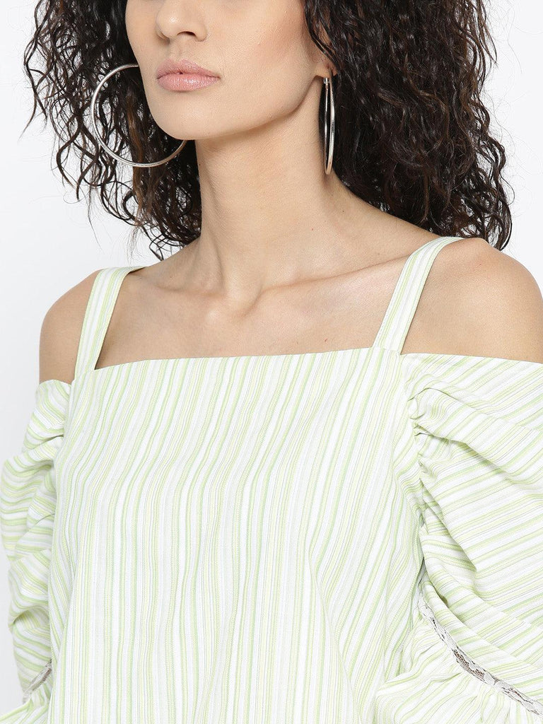 Women Green Striped Bardot Top-Tops-StyleQuotient