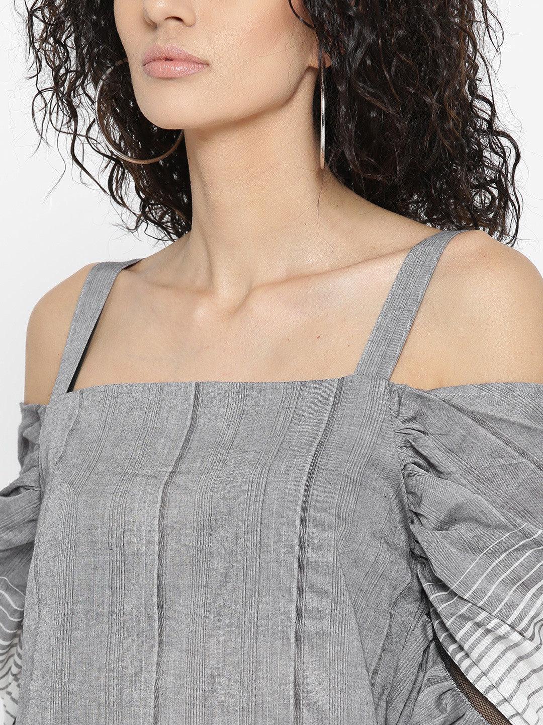 Women Grey Self-Striped Bardot Top-Tops-StyleQuotient