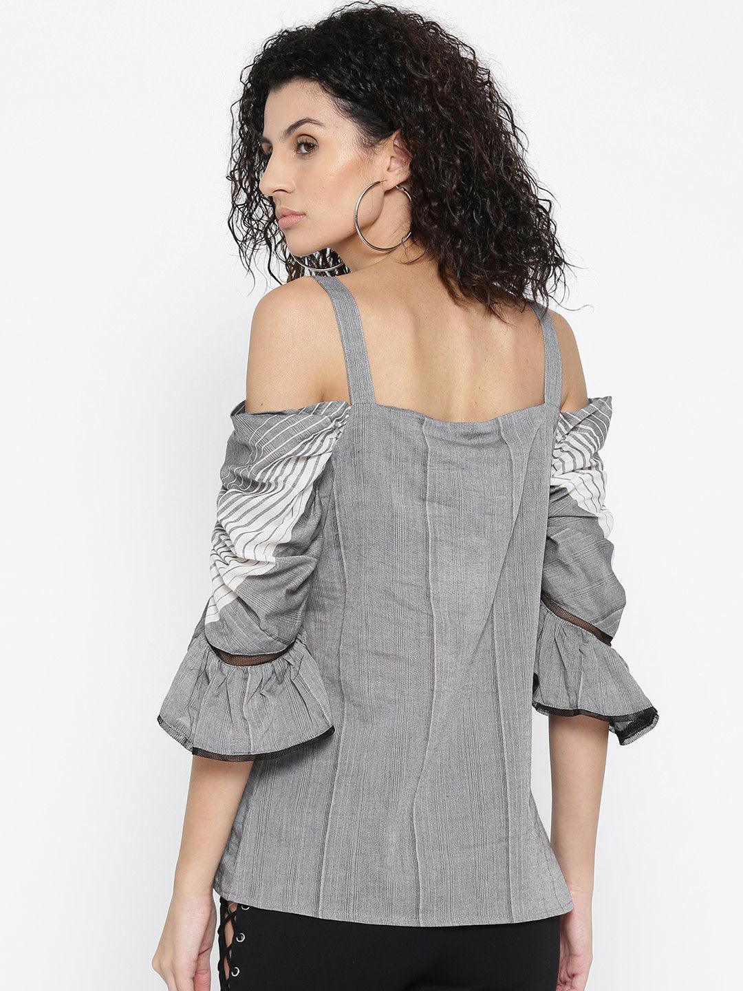 Women Grey Self-Striped Bardot Top-Tops-StyleQuotient