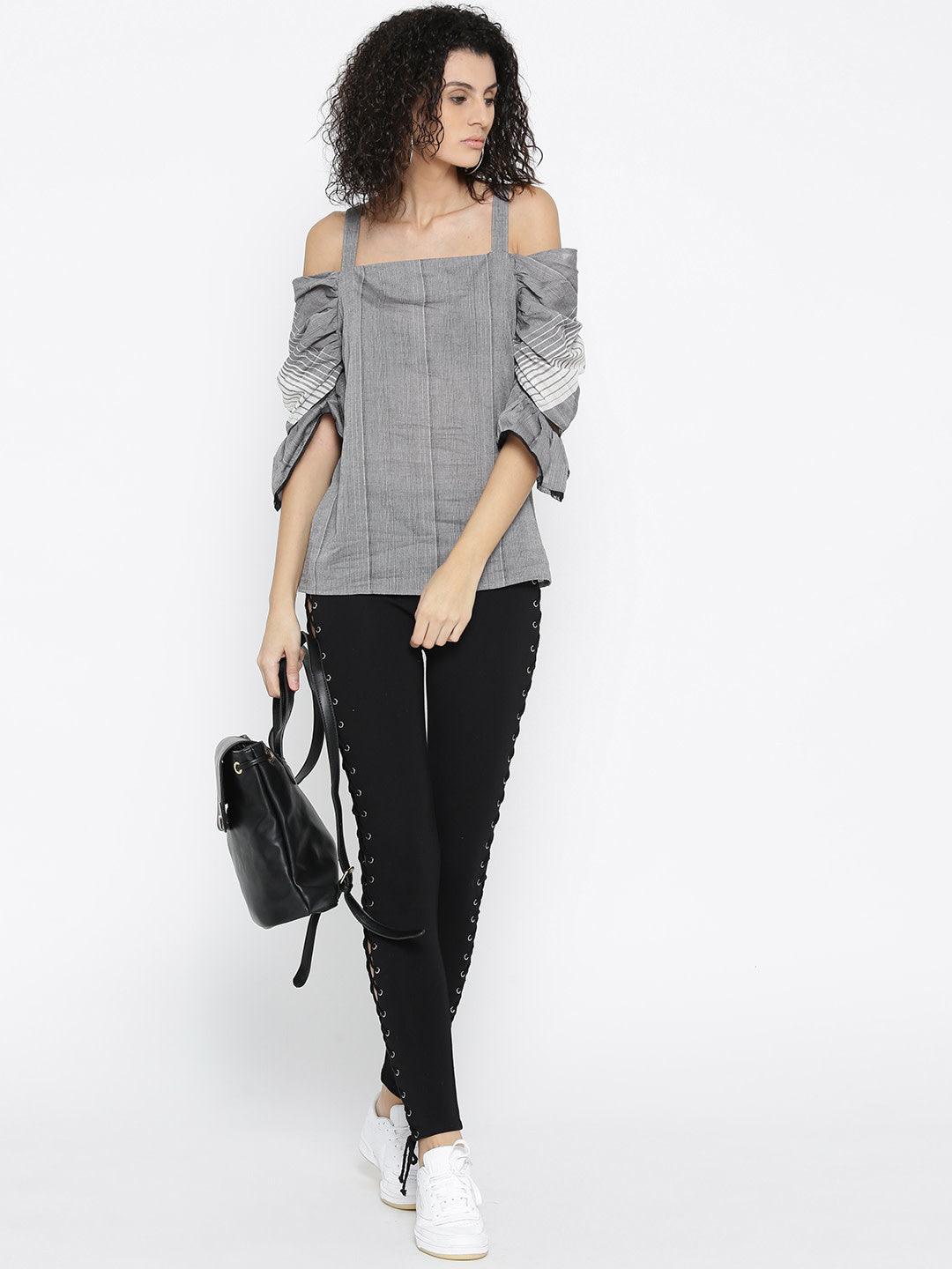 Women Grey Self-Striped Bardot Top-Tops-StyleQuotient