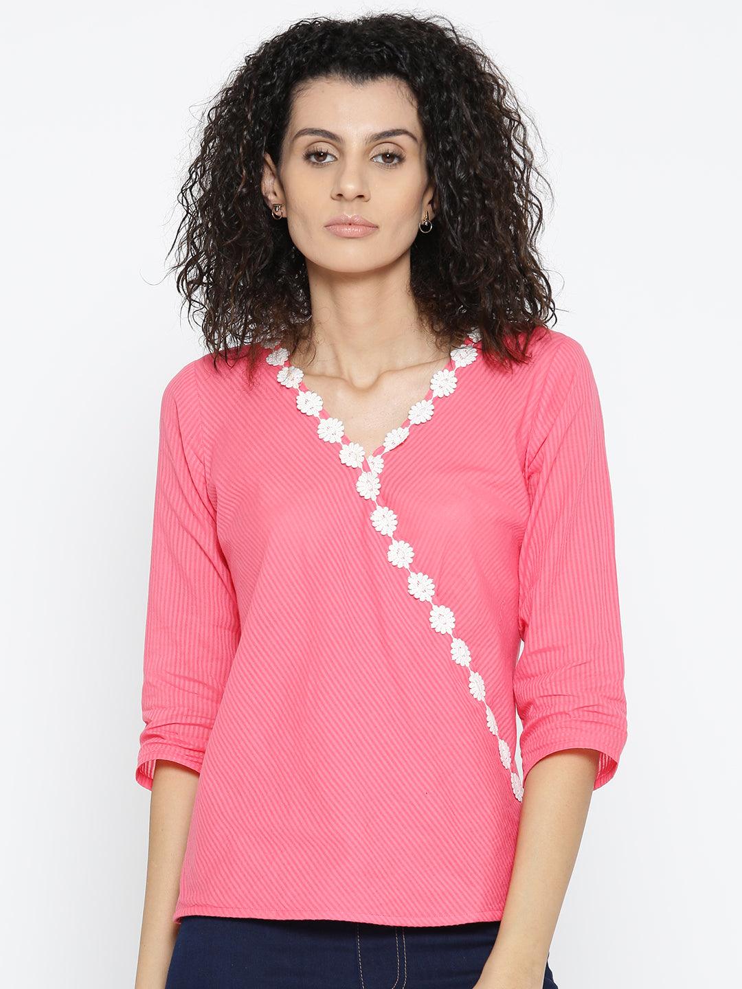 Women Pink Self-Striped Top-Tops-StyleQuotient