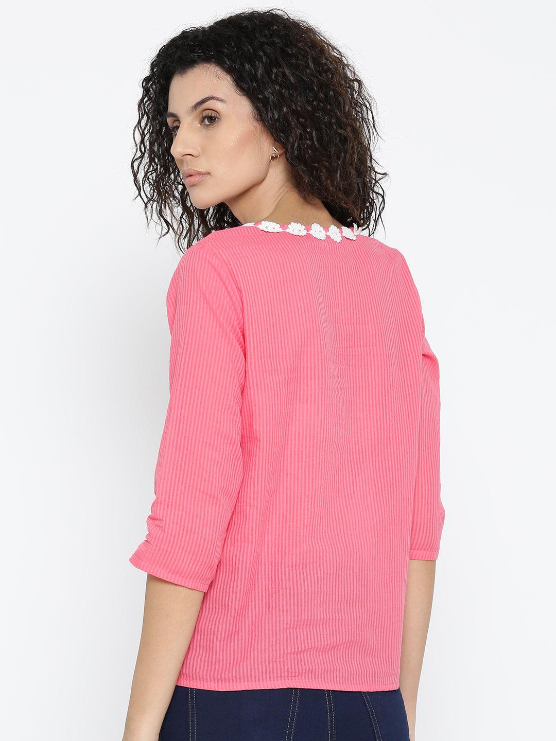 Women Pink Self-Striped Top-Tops-StyleQuotient