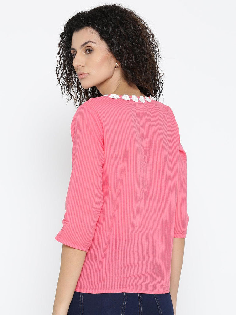 Women Pink Self-Striped Top-Tops-StyleQuotient