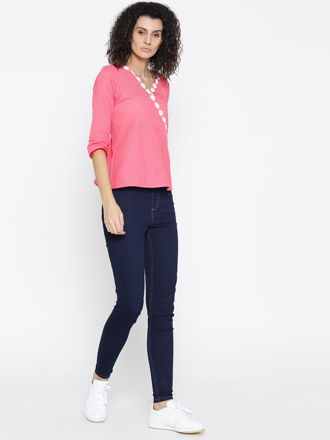 Women Pink Self-Striped Top-Tops-StyleQuotient