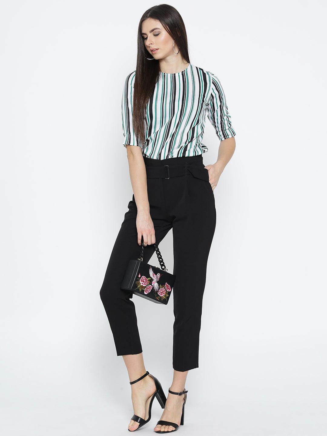 Style Quotient Women White And Multi Stripe Printed Polyester Smart Casual Top-Tops-StyleQuotient