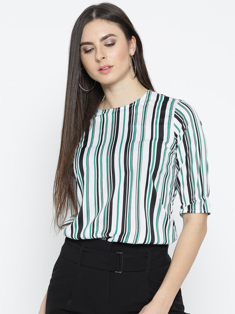 Style Quotient Women White And Multi Stripe Printed Polyester Smart Casual Top-Tops-StyleQuotient